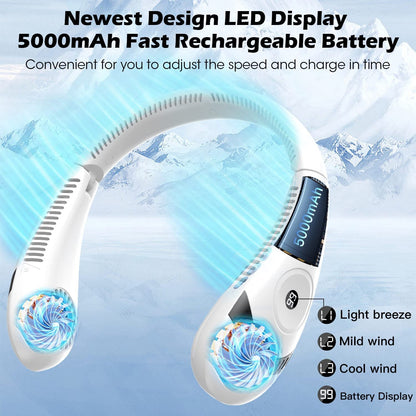 Foldable LED Digital Display Outdoor Rechargeable Electric Air Cooling Portable Bladeless Neck Fan with Three Speed