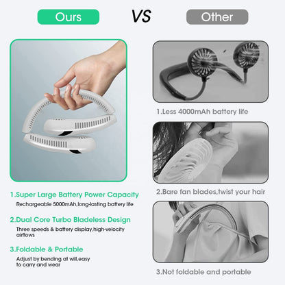 Foldable LED Digital Display Outdoor Rechargeable Electric Air Cooling Portable Bladeless Neck Fan with Three Speed