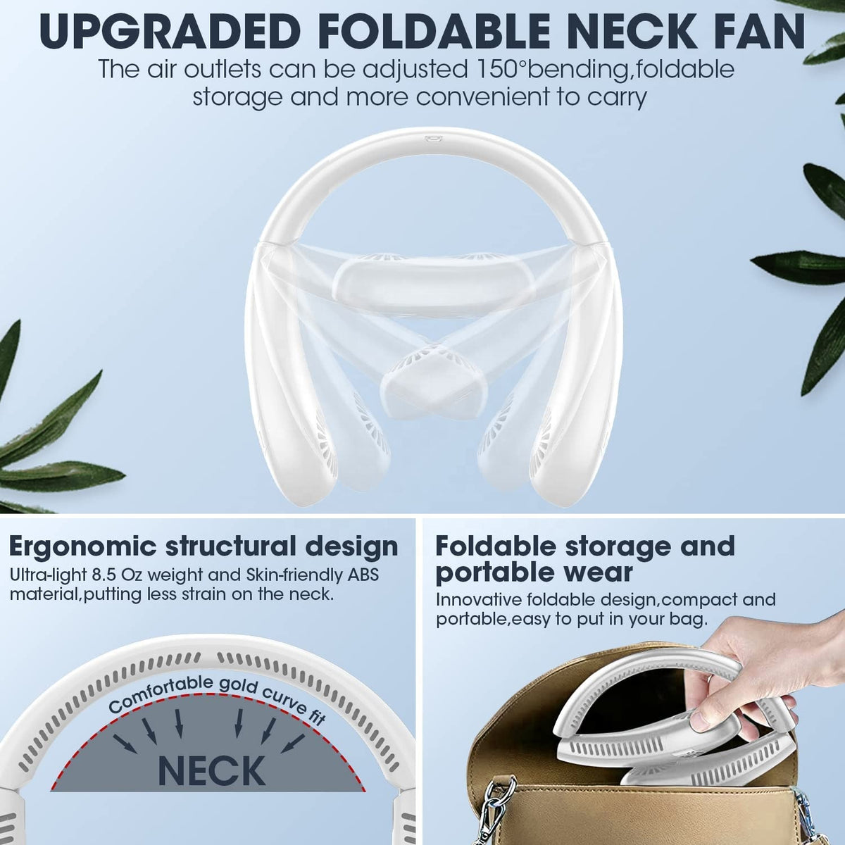Foldable LED Digital Display Outdoor Rechargeable Electric Air Cooling Portable Bladeless Neck Fan with Three Speed